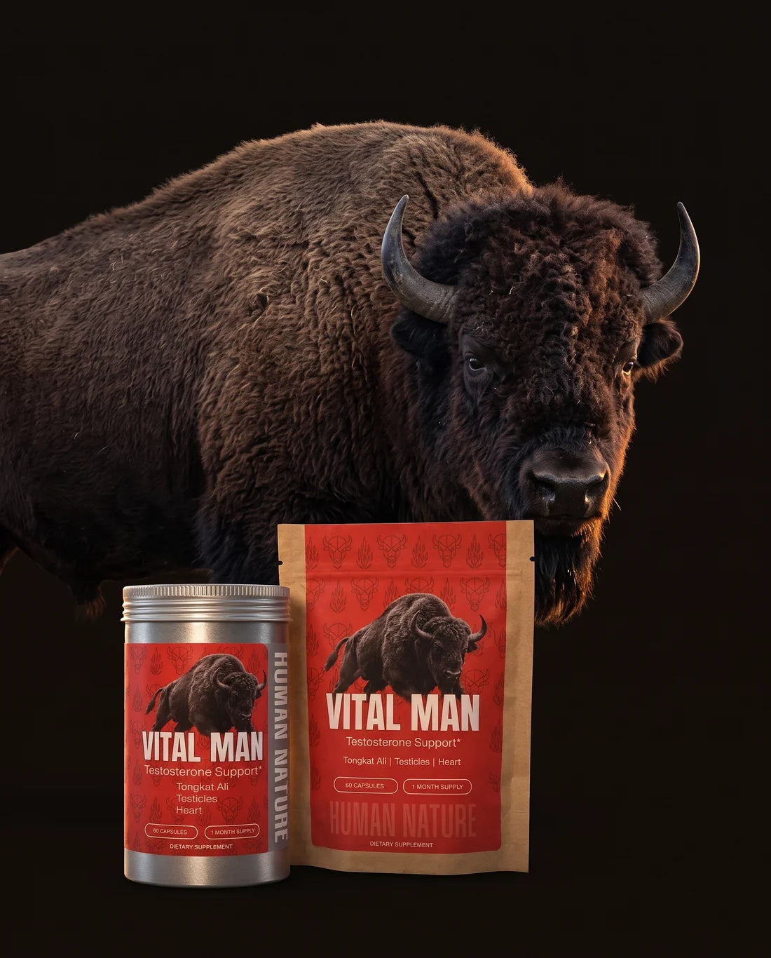 Vital Man canister and refill pouch in front of an American bison bull