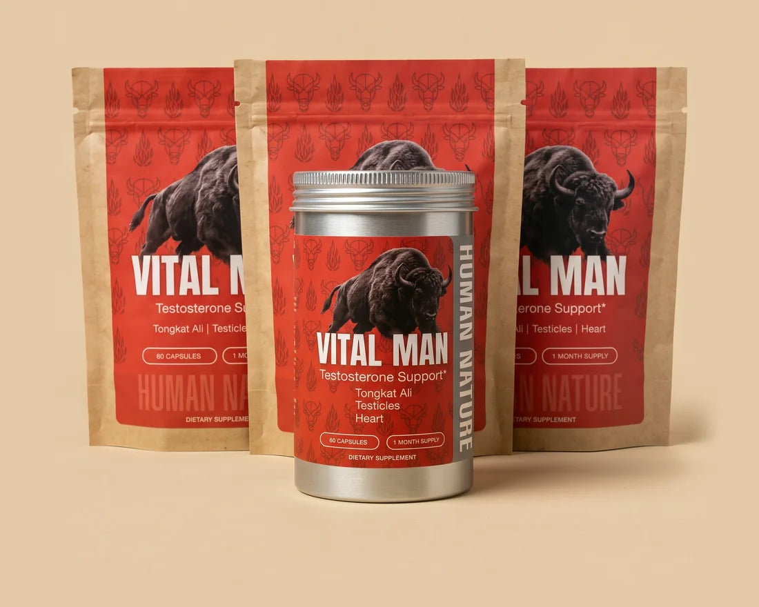 Vital Man canister with three refill pouches
