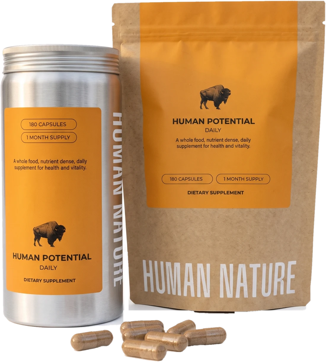 Human Potential canister and refill pouch with capsules